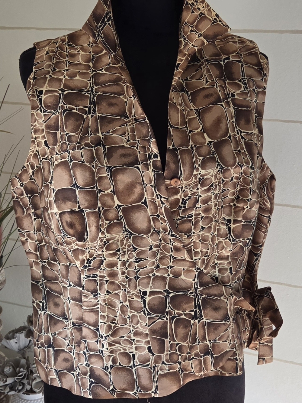 SLB Sunny Leigh Silk Blouse 16 Y2K Crocodile Print Top Vintage Style Boho Chic